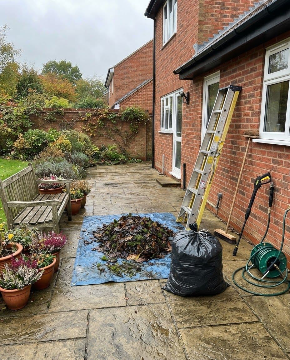 A patio cleared of fallen leaves with a ladder, brush and hose set against the house wall