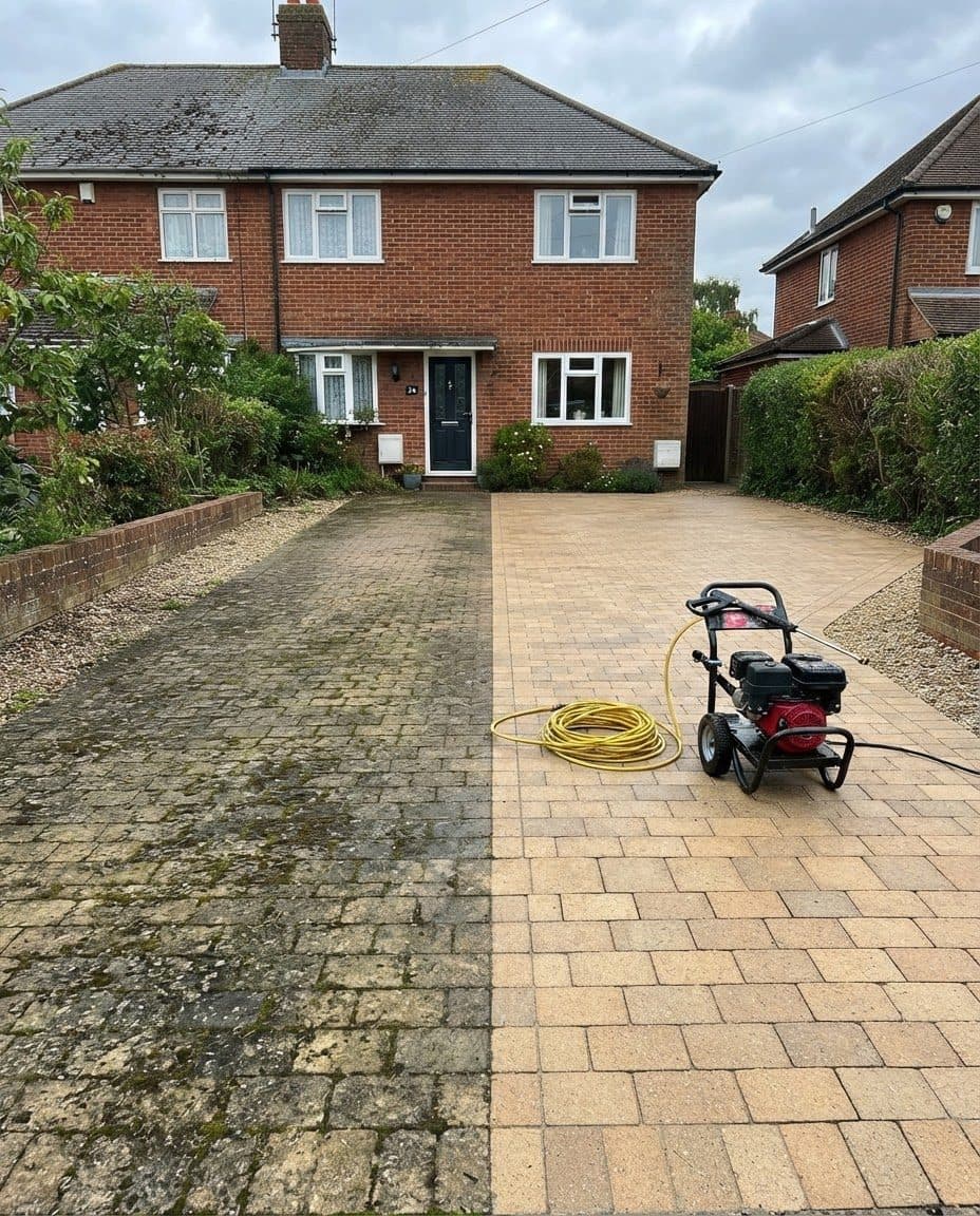 A block-paved driveway half pressure-washed, the cleaned side pale beside the algae-green side, with the washer standing on it