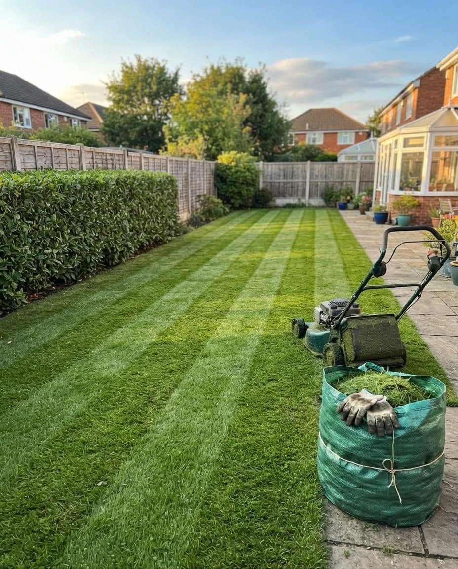 A freshly cut lawn with mower stripes, the mower and a full cuttings bag at the edge